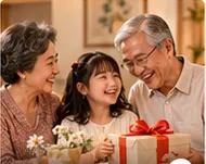 A family gathered around a gift box