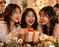 Friends opening a gift box together